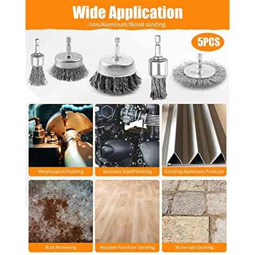 5 Pcs Drill Wire Brush Set, Heavy Duty Wire Brush Wheel for Drill, 1/4'' Hex Shank Wire Brush Drill Attachments Coarse Carbon Steel Crimped, Great for Cleaning Rust, Paint, Abrasive