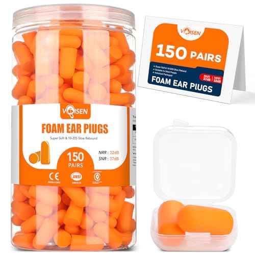 VOISEN 150 Pairs Foam Ear Plugs, Ear Plugs for Sleeping Noise Cancelling, 32dB NRR, 37dB SNR Earplugs for Sleeping, Snoring, Studying, Loud Events, Traveling & Concerts, A Storage Box, Orange