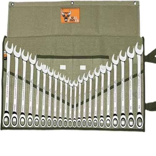 BULL TOOLS Tool Roll Organizer with 26 Pockets for Wrenches, Metric & SAE Durable Cotton Canvas, Roll-Up Tool Pouch for Mechanics, DIYers, & Electricians - Sand Washed Olive Drab (Tools Not Included)
