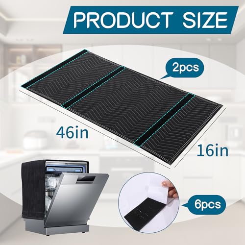 BALAPET 2 Pcs 16x46in Black Thick Quilt Dishwasher Insulation Blanket with Hook & Loop Fasteners