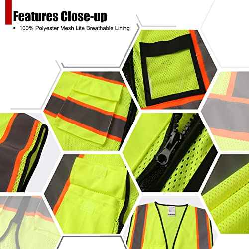 Reflective Safety Vest for Men Women Hi Vis Vest with 8 Pockets High Visibility Mesh Reflective Vest Meets ANSI/ISEA Standards (Yellow-07, Large)