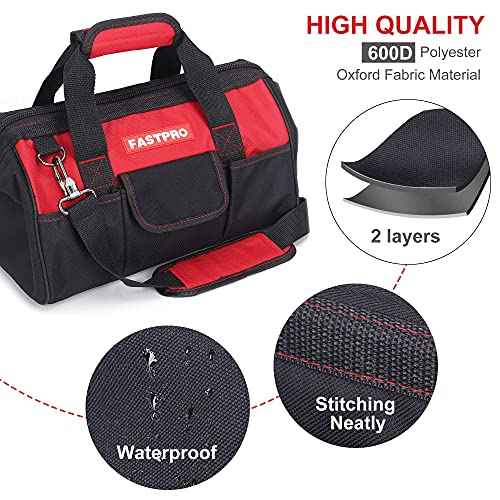 FASTPRO 14-Inch Zip-top Wide Mouth Open Storage Tool Bag, Classic Black&Red Design, Fashionable Design, 600D Polyester Fabric Material for Quality Endurance, With Adjustable Shoulder Strap