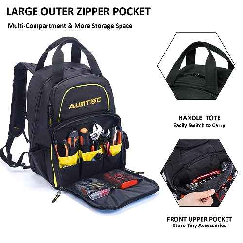 AUMTISC Tool Bag Backpack for Men, Heavy-Duty Tools Storage Organizer Work Bags Backpack for Construction Jobsite, Electrician, Industrial, Repairman, and HVAC Techs, Yellow