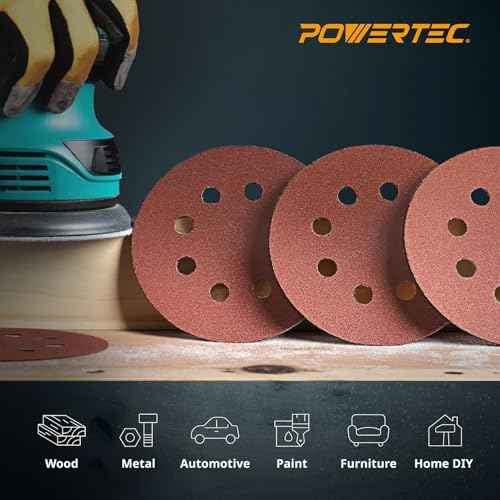 POWERTEC 25PK, 80 Grits, Sanding Discs 5 Inch - Hook and Loop, 5 Inch 8 Hole Aluminum Oxide Sandpaper Discs, Woodworking Sanding Pads for Random Orbital, Palm, Air, DA & Pneumatic Sander (45008)