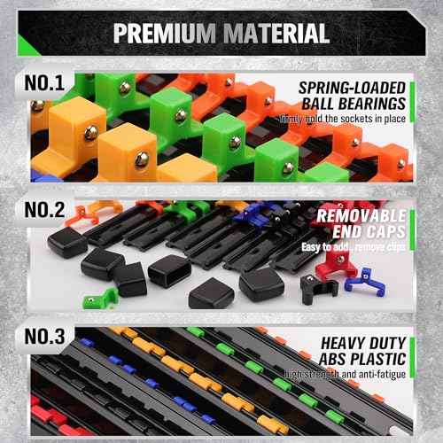 SWANLAKE Socket Organizer Set 18-Piece, 1/4-Inch x 96 Clips, 3/8-Inch x 90 Clips, 1/2-Inch x 72 Clip, Socket Organizer for Tool Box Drawer, Drive Socket Trays, Socket Holder Clip Rail