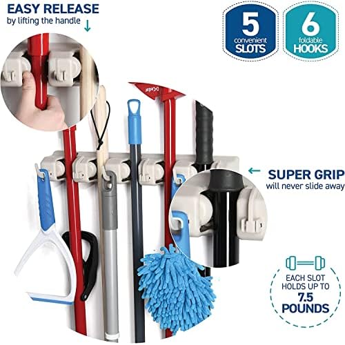 Mop and Broom Holder Wall Mount 2 Pack - Garage Storage Organizer with 5 Slots, 6 Hooks, 7.5lbs Capacity Per Slot - Home, Kitchen, Closet, Laundry Room Organization ? Off-White Broom Hanger