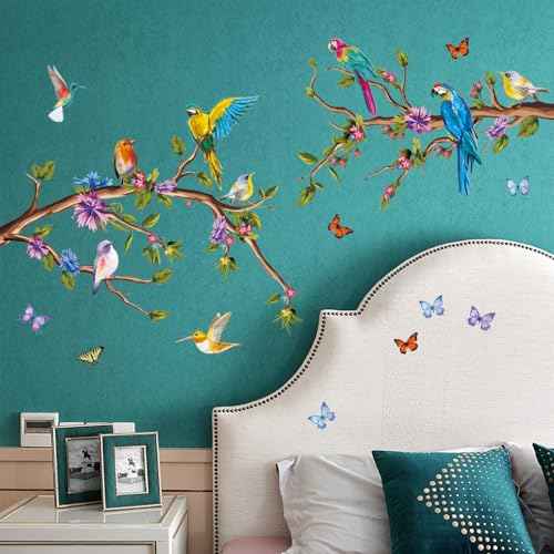 Watercolor Parrot Wall Stickers - Removable Tree Branch Decals with Colorful Birds & Butterflies - DIY Peel and Stick Nature Wall Art for Nursery, Kids Bedroom, Classroom Decor Decoration (3)