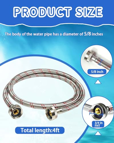 GA1FSL NPT 4 Ft Stainless Steel Washing Machine Hoses 2-Pack Burst-Proof Hot Cold