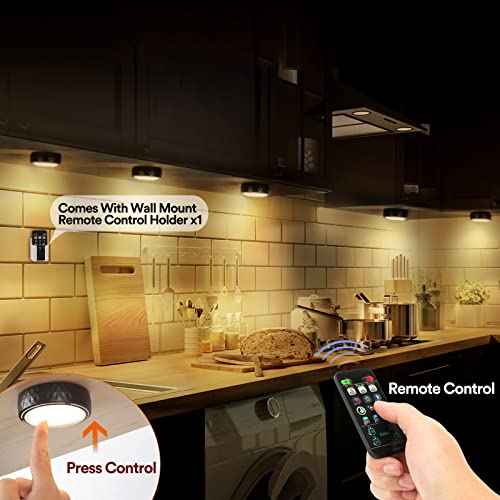 LED Puck Lights with Remote Control, Battery Operated Wireless Closet Light, Under Cabinet Lighting Stick on Tap Push Lights, Color Changing Under Counter Light for Kitchen, 6 Pack - Black