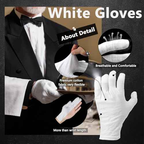 12 Pairs White Cotton Gloves Soft Hand Gloves Dust-Free Work for Men Women Art Crafting, Jewelry Handling, BBQ, Eczema Care, Coin Jewelry Watch Inspection, Dry Hands Sleeping, Archiva, Medium