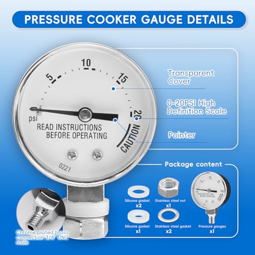 Pressure Cooker Gauge Replacement for Presto 85772 82237 82121 with 3/8" UNC Gasket, Washer & Nut