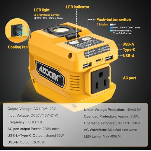 Azocek 220W Power Inverter for DeWalt 20V Battery - 1-Pack Yellow