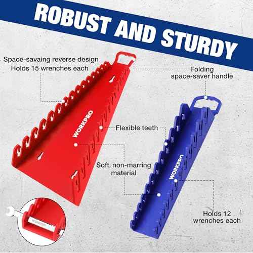WORKPRO 4-PACK Magnetic Wrench Organizer, 2PC 15-Slot and 2PC 12-Slot Gripper Wrench Holder for Tool Boxes, Flexible Gripping Teeth and Carrying Handle, Fit for SAE and Metric, Blue, Red
