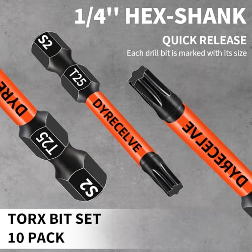 DYRECELVE 10-Pack T25 Torx Bits for Impact Driver - Magnetic 2-Inch, S2 Steel