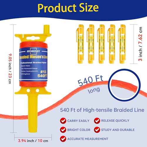 Mason Line String with Handle, 540FT #18 Braided Nylon String with Reloadable Line Reel and 5 Built-in Levels, Heavy-Duty Construction Twine for Masonry Gardening DIY Projects