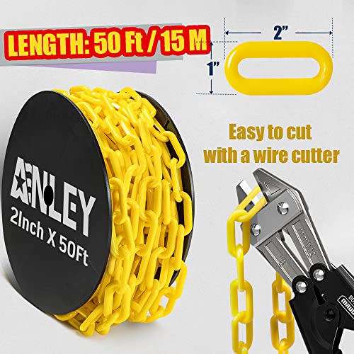 Anley 50 FT Plastic Chain Links - Safety Barrier Chains - Rustproof, Lightweight & Easy to Cut - High Visibility for Crowd Control, Caution, Security, Construction Site (2 Inch x 50 Feet, Yellow)