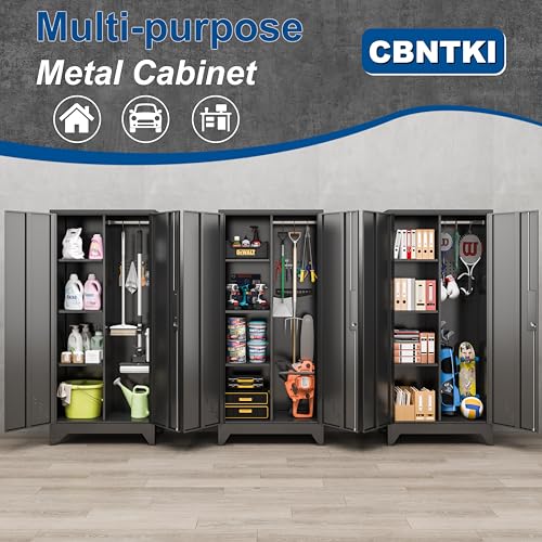 CBNTKI 61" Black Lockable Metal Garage Storage Cabinet with Pegboard & Hanging Rod