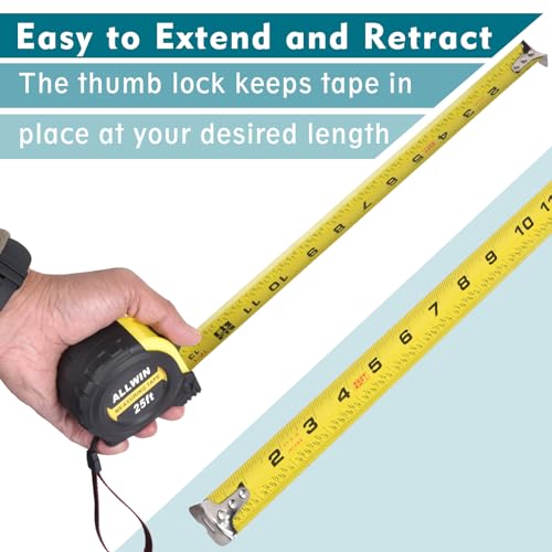 ALLWIN Yellow 25 Ft Metal Retractable Tape Measure with Fractions, Easy Read, 1-Inch Wide - 7.6 M