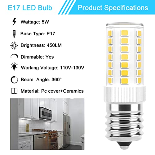 Lacnooe 5W Daylight E17 Dimmable Microwave Bulb, 6000K 450lm, Fits Whirlpool/GE/Kenmore, Replaces 8206232A 1890433 AP4512653, 2 Pack