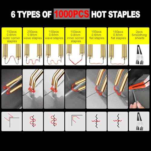 150W Upgraded Plastic Welder Kit,1000PCS Hot Stapler Welding Machine Car Bumper Repair Kit,2 in 1 Plastic Welder Soldering Gun with Weld Rods,6 Types Staples for Bumper/Kayak/Plastic Product Repairs