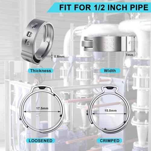 50 Pack 1/2 Inch PEX Cinch Clamps Rings, 304 Stainless Steel PEX Crimp Rings, Pinch Clamps for PEX Tubing Pipe Fittings Connection