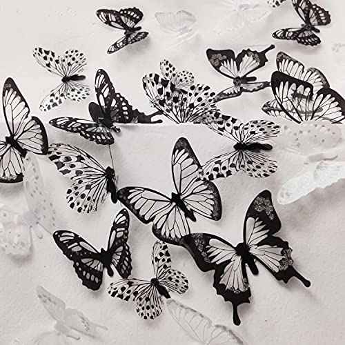 HZMM 72 Pcs 3D Butterfly Wall Stickers, Waterproof PVC, Black & White, Removable Paper Decals with Sticky Dots for Window, Furniture, Wedding, Baby Kids Bedroom Christmas DIY Decor