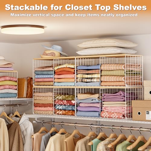 Stackable Closet Organizers with Wood Top - 2 Pack, Space-Saving Shelf Bins
