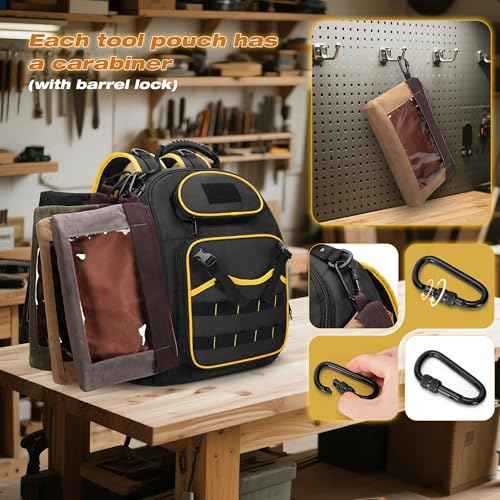 4 Pack Heavy Duty Tool Pouch with Carabiner, 12¡± Canvas Tool Pouch Bag with Clear Window (4 Colors: Black, Gray, Green, Khaki)