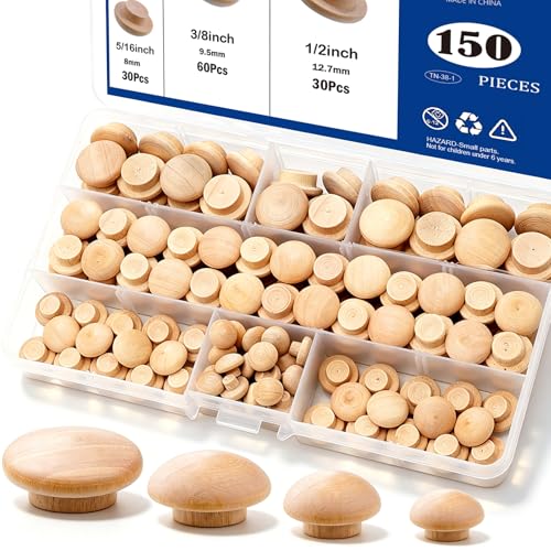 Tnisesm 150Pcs Mushroom-Shaped Wooden Hole Plugs - 4 Sizes for Furniture & Woodwork