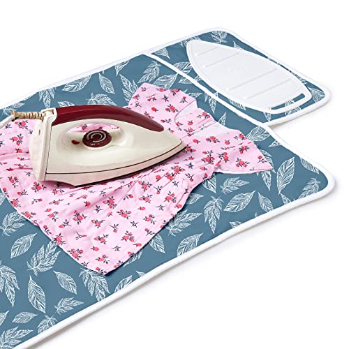 Encasa XO Big Leaves Blue Small 28x20 Ironing Mat - Heat-Resistant Table Top Pad