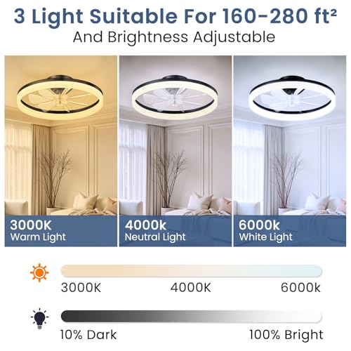 CHAREADA 20" Black Ceiling Fan with Light, Remote & App Control, Low Profile Foldable Design
