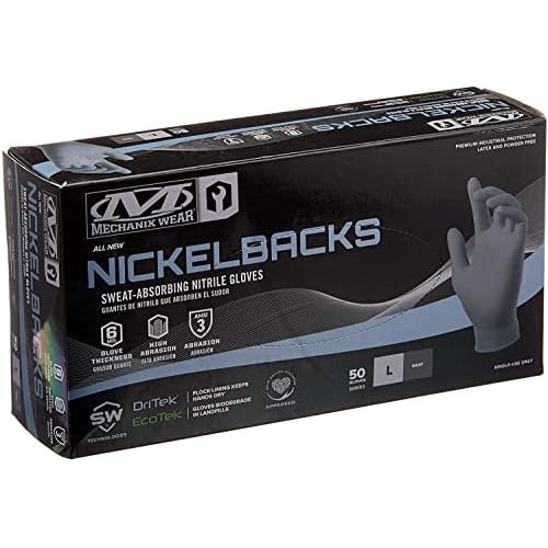 Mechanix Wear: 6 Mil Nickelback Nitrile Gloves with Sweat Absorbing Liner, Latex and Powder Free, Disposable Gloves, Textured Grip, 50 pack, Cleaning and Mechanic Work Gloves (Gray 6 mil, Large)