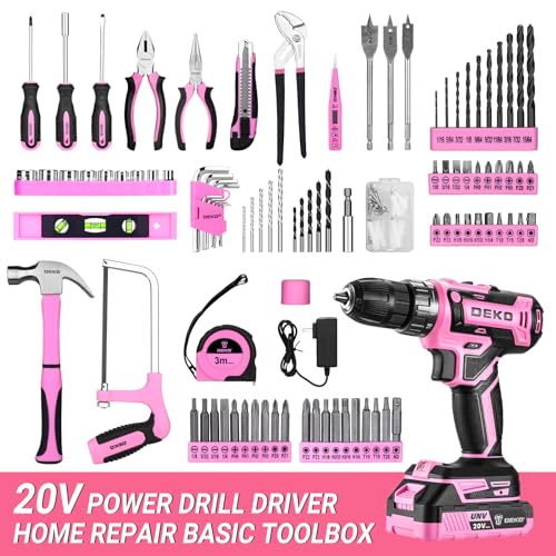 Pink 20V Cordless Power Drill Set with Battery & Tool Box - DEKOPRO