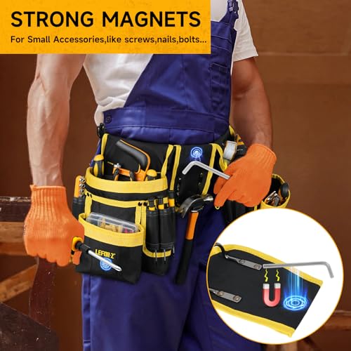 Tool Belt,Magnetic Tool Pouch,27-Pockets Heavy Duty Padded Tool Belts for Men,Detachable & Adjustable Tool Pouch Bag for Electrician,Carpenter,Construction,Work Apron,Utility Belt,Black,Yellow