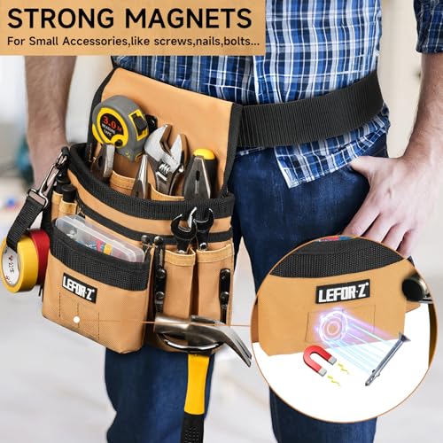 LEFOR·Z Black & Brown 14-Pocket Magnetic Tool Belt with Detachable Pouch for Electricians & Construction
