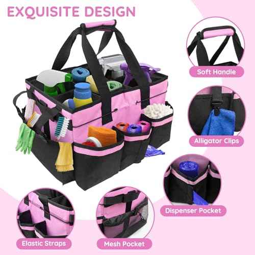 ZKOO Large Cleaning Caddy Bag with Handle, Built-in Sturdy Support Board, Adjustable Shoulder Strap, Multi-compartment Design Cleaning Supply Tote for Cleaners & Housekeepers (Pink)
