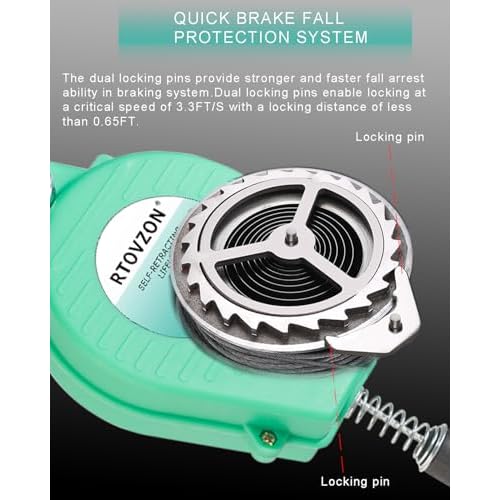 11FT Self Retracting Lifeline RTOVZON Fall Arrest Fall Protection Steel Wire Rope Heavy Duty Retractable Lanyard, Roofing Lifeline, SRL, Safety Lanyard