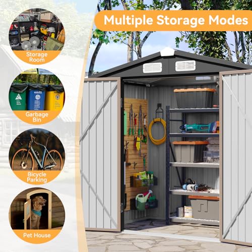 Aoxun 6x4 FT Outdoor Storage Shed - Brown Garden Metal Storage Building