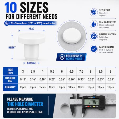 115 Pack White Silicone Rubber Hole Plugs - 10 Sizes 3-9mm T-Type Sealers
