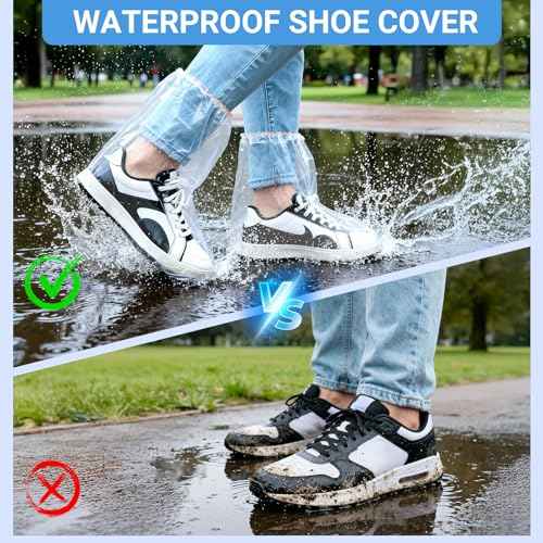 10 Pairs Shoe Covers Waterproof Rain Boot Covers for Women & Men, Plastic Disposable Shoe Protectors with Non-Slip Soles, Slip-On Outdoor Overshoes for Wet Weather, Commuting, Dog Walking (Clear)