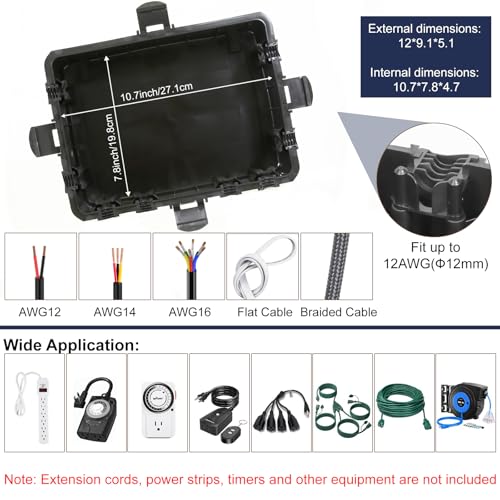 OUTDSPLY Large Black Outdoor Waterproof Electrical Box IP54 12x9x5 Inches