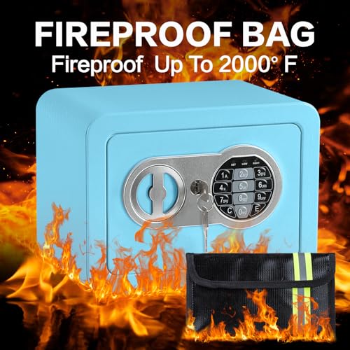 0.23 Cubic Feet Safe Box, Small Safe W/Fireproof Bag, Keys & Pass Code, Digital Electronic Security Money Box for Cash, Document, Home, Office, Hotel Use, Blue, 6.69"D x 9.06"W x 6.69"H