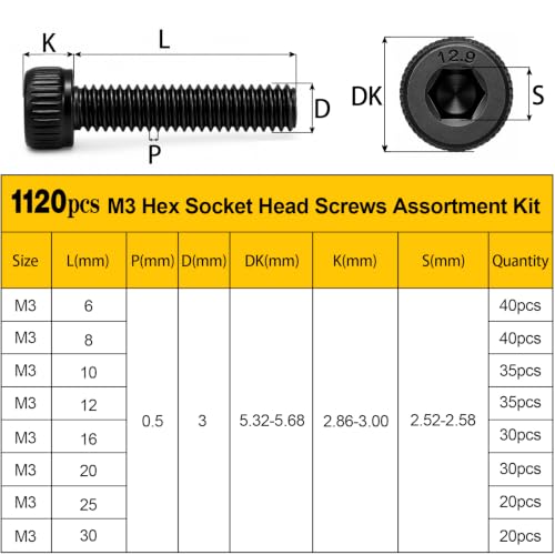 Fgruh 1120PCS M3 Socket Screws Assortment Kit - M3x6/8/10/12/16/20/25/30mm