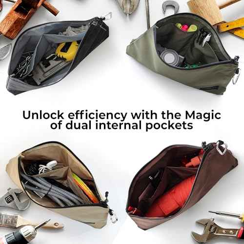 COREFLEX 2 Pack Premium Tool Pouch Zipper Bag with internal pockets, 12inch Tool Bag, Multipurpose Storage pouch, Flat Bottom for stand alone (2 Pack, Tan, Olive)