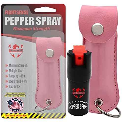 FIGHTSENSE Self Defense Pepper Spray - 1/2 oz Compact Size Maximum Strength Police Grade Formula Best Self Defense Tool for Women W/Leather Pouch Keychain