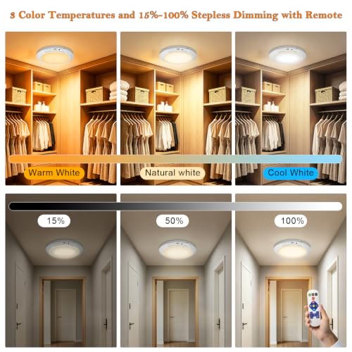 L.JUJAM 2 Pack Rechargeable Motion Sensor Ceiling Lights with Remote, Dimmable & 3CCT Indoor Night Lights for Closet, Shower, Hallway, Porch, RV