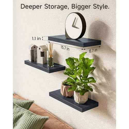 BAYKA Floating Shelves for Wall, Wall Mounted Rustic Wood Shelves for Bathroom, Bedroom, Living Room, Kitchen, Hanging Shelf for Books/Storage/Room Decor with 22lbs Capacity (Black, Set of 3, 15.7in)