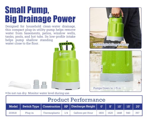 G Green Expert 1/4HP Submersible Sump Pump 1800GPH Water Drainage for Basement & Pool