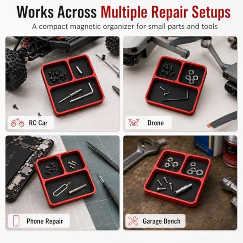 Red Magnetic Parts Tray for RC Drones & Electronics – 3 Compartments, Aluminum