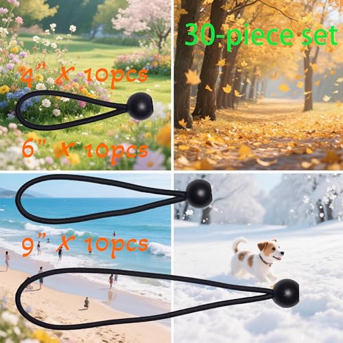 Bungee Cords with Balls 30 Pack, Ball Comes in Three Sizes: 4 "6" 9",